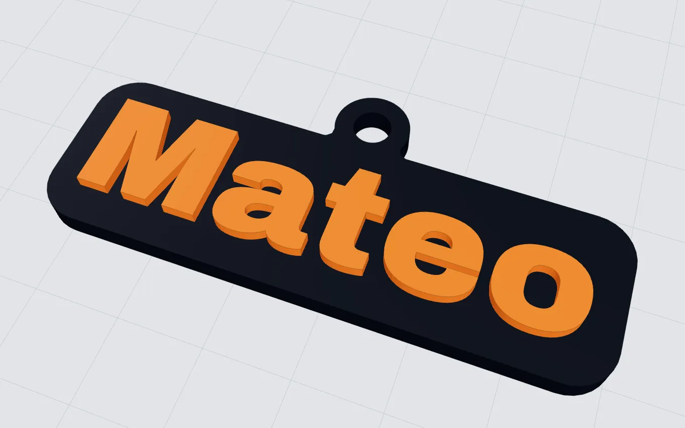 Cartel rectangular negro con el nombre Mateo en letras naranjas en relieve.